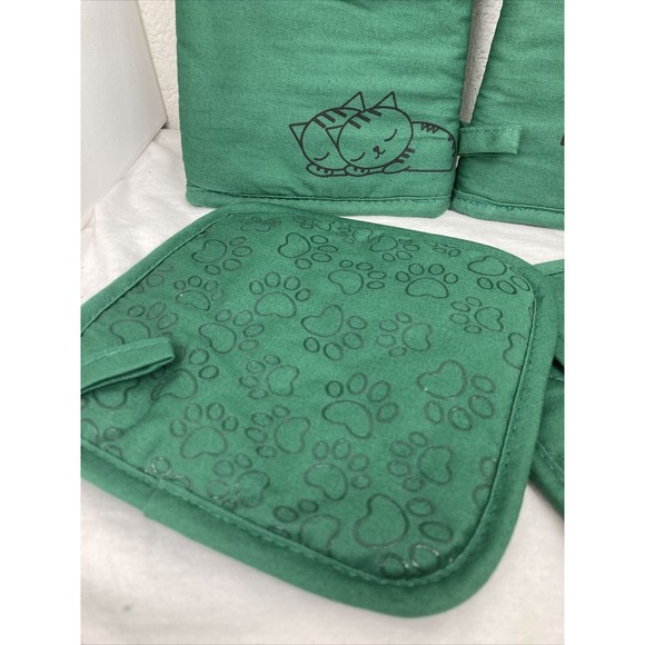 Green Cotton Silicone Paw print Cat Oven Mitts and Potholders Set Grill Glove - Picture 4 of 16